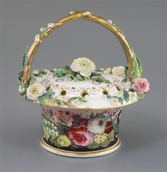 A rare and fine Rockingham porcelain pot pourri basket and cover, 1830-42, H. 16.5cm